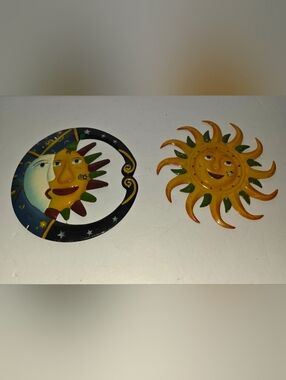 Hand-Painted Wall Colorful Metal Eclipse Celestial Theme Sunburst Moon Lot Of 2